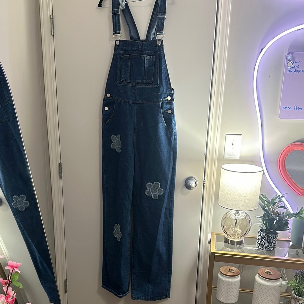 3/$50 Jean denim overalls medium floral pattern